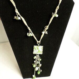 Cold Water Creek Greens/Tans Beaded Glass Charm with Dangling Chain Necklace